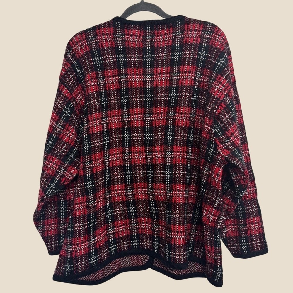 Vintage Kobe 1X Red and Black Plaid Button Front Cardigan Sweater Hong Kong Made - Picture 2 of 7